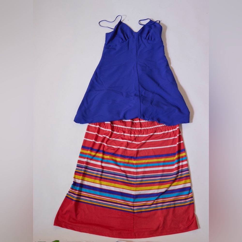 Blue Blouse with Striped Skirt